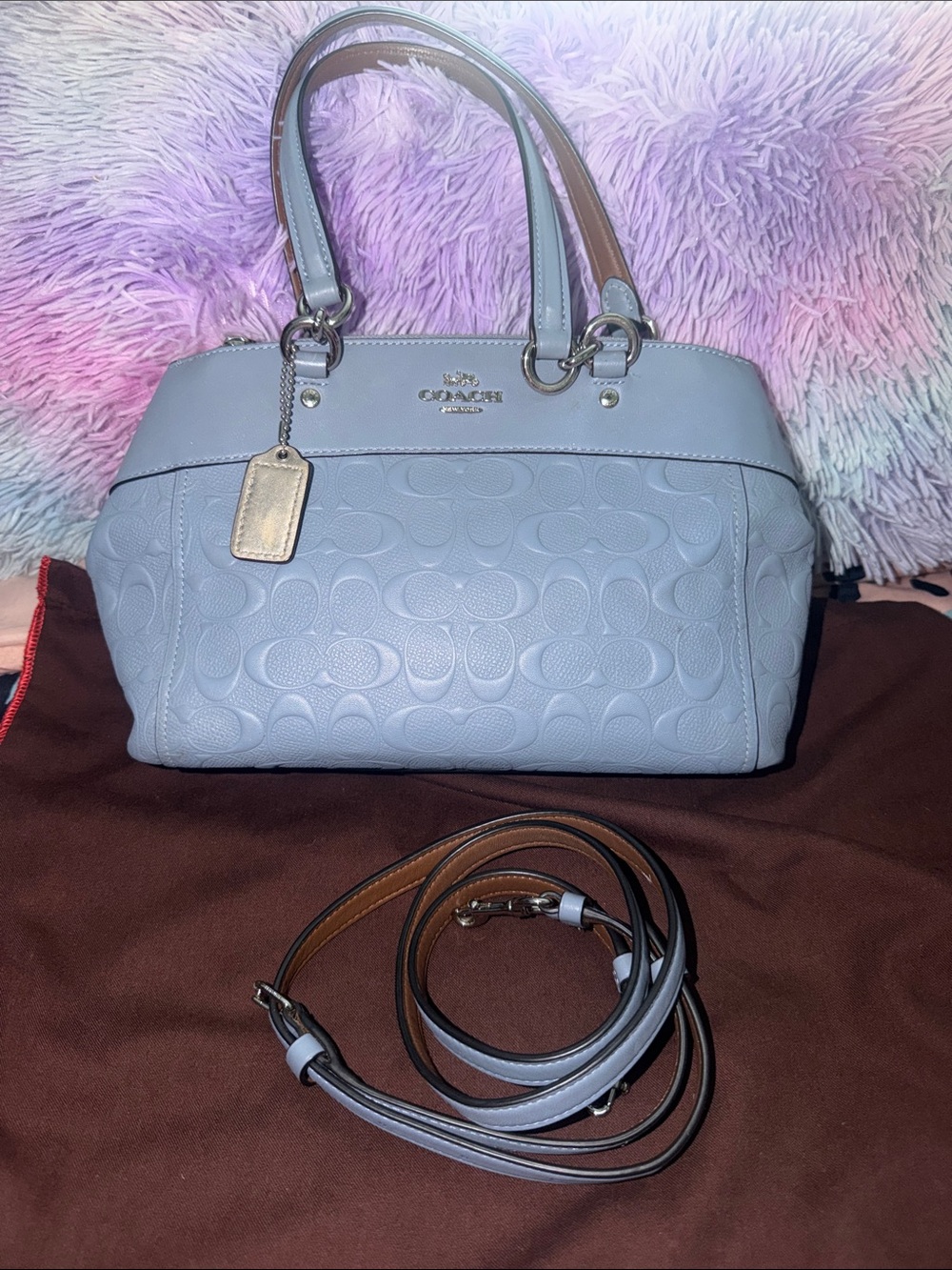 Coach Light Blue Embossed Leather Dome Satchel with Strap